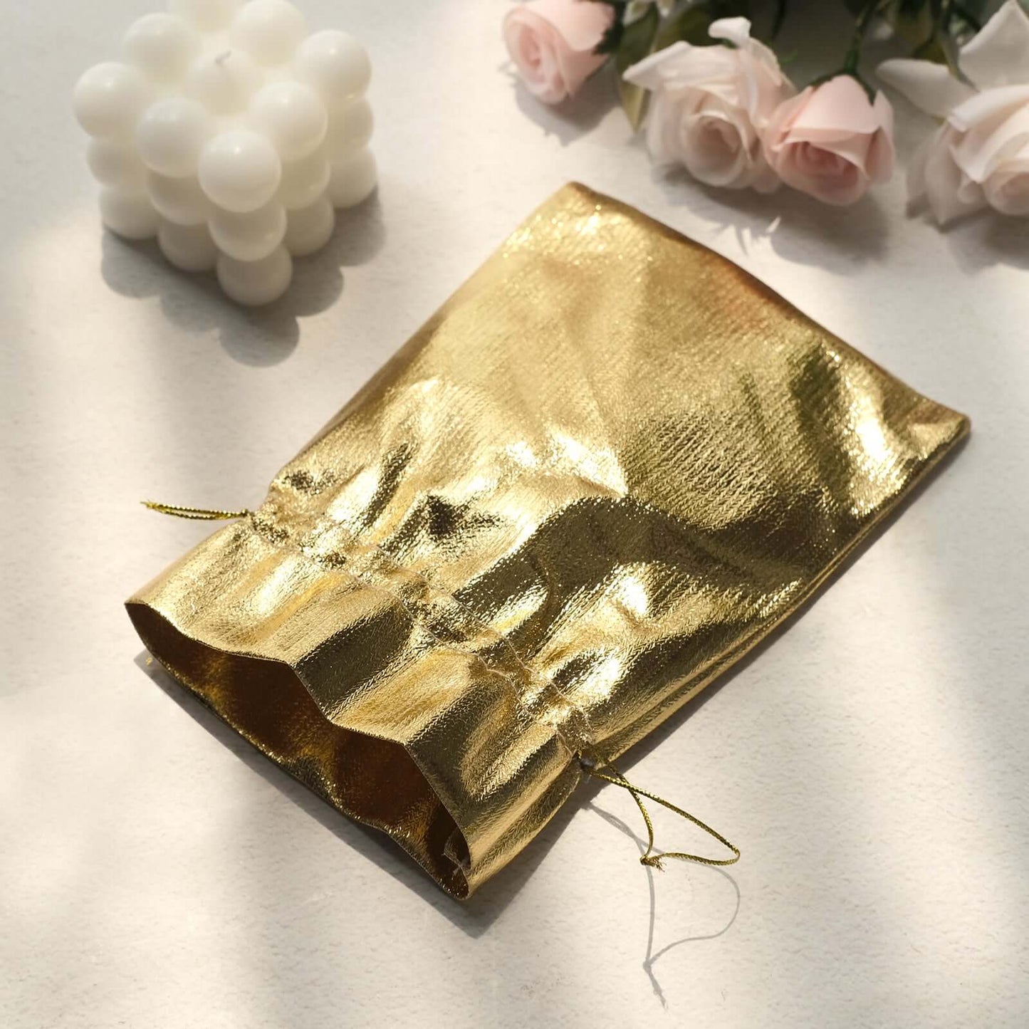 10 Pack Metallic Gold Lame Polyester 5"x7" Party Favor Gift Bags, Shiny Fabric Drawstring Candy Pouch