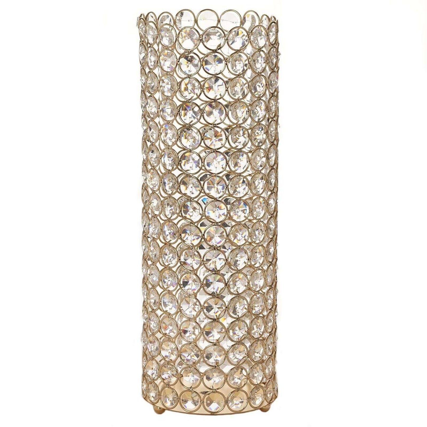 Full Crystal Beaded Candle Holder Shiny Gold Metal - Stylish Pillar Stand for Weddings 16"