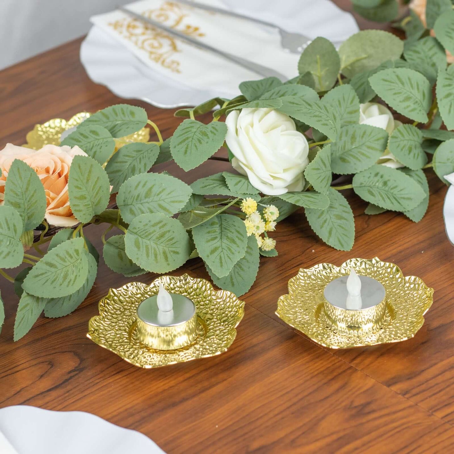 3-Pack Metal Votive Candle Holders Plum Blossom Design Shiny Gold - Vintage Mini Tea Cup Saucers 4"