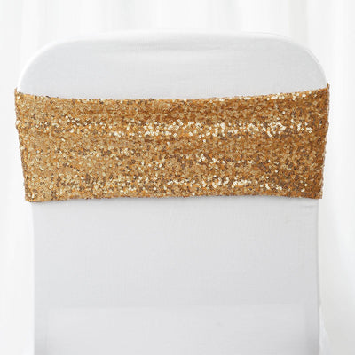 5 Pack Sequin Spandex Chair Sashes Gold - Sparkly Stretch Chair Bands for Glamorous Events 6"x15"