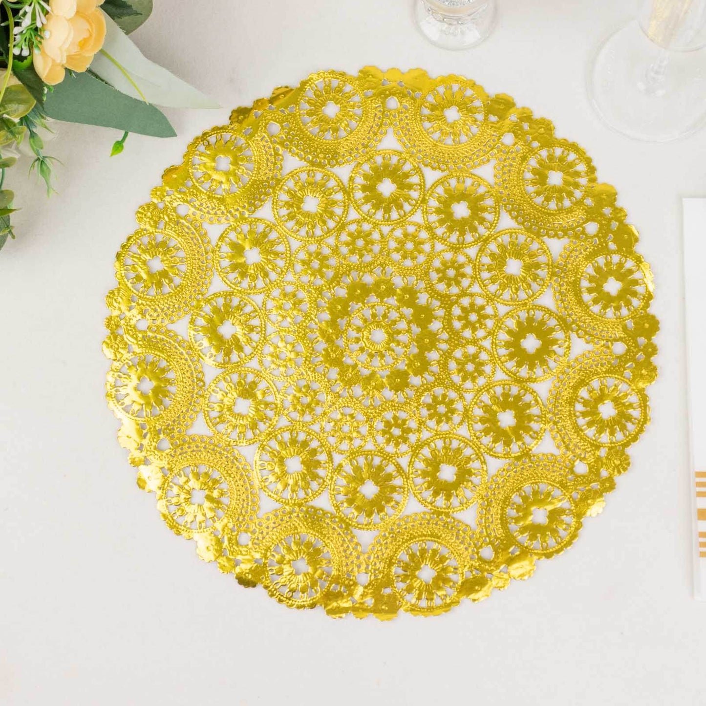 50-Pack Paper 12" Round Placemats in Metallic Gold - Disposable 50GSM Lace Doilies with Medallion Style for Dessert Display & Table Decor