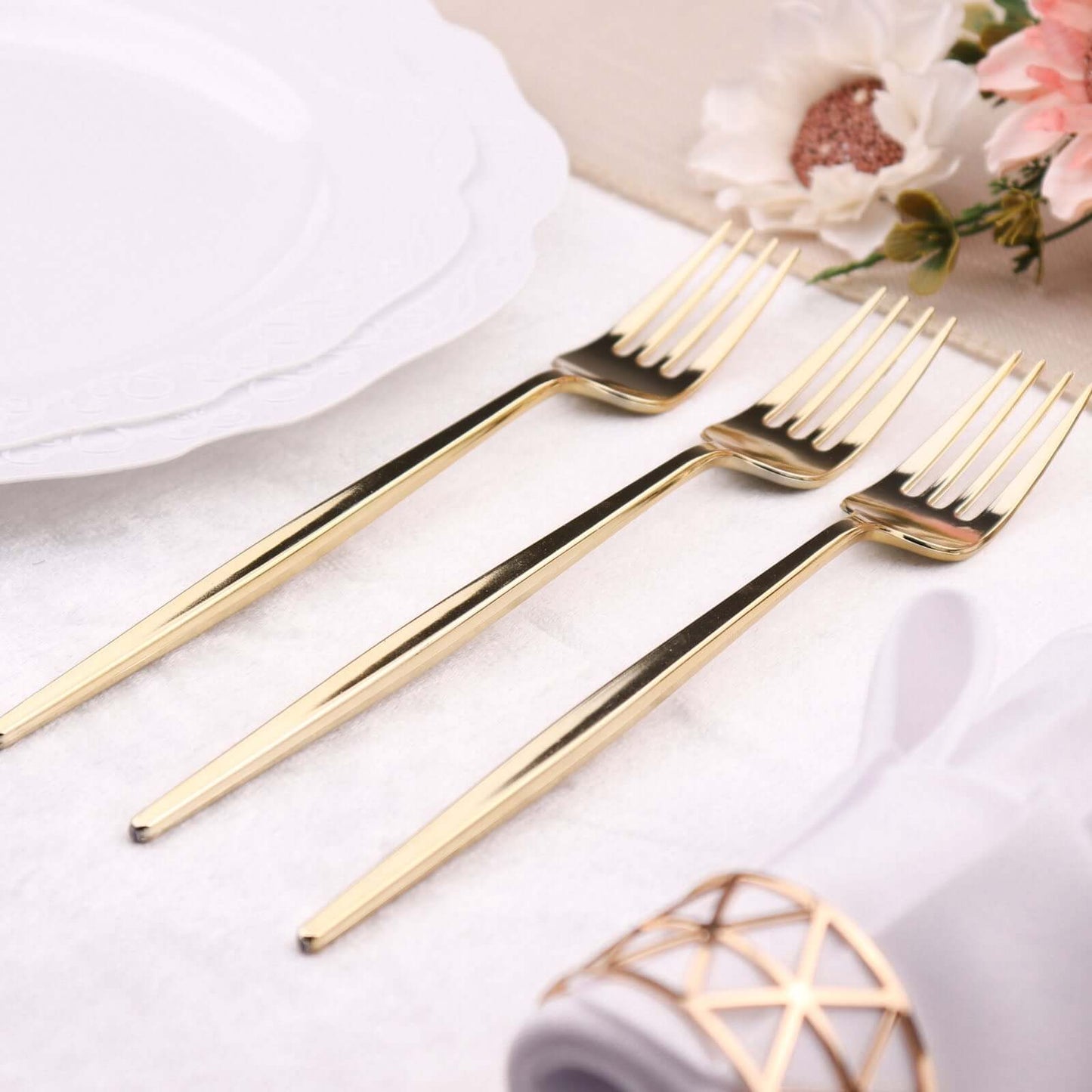24 Pack 8" Glossy Gold Heavy Duty Plastic Silverware Forks Cutlery, Premium Disposable Sleek Flatware