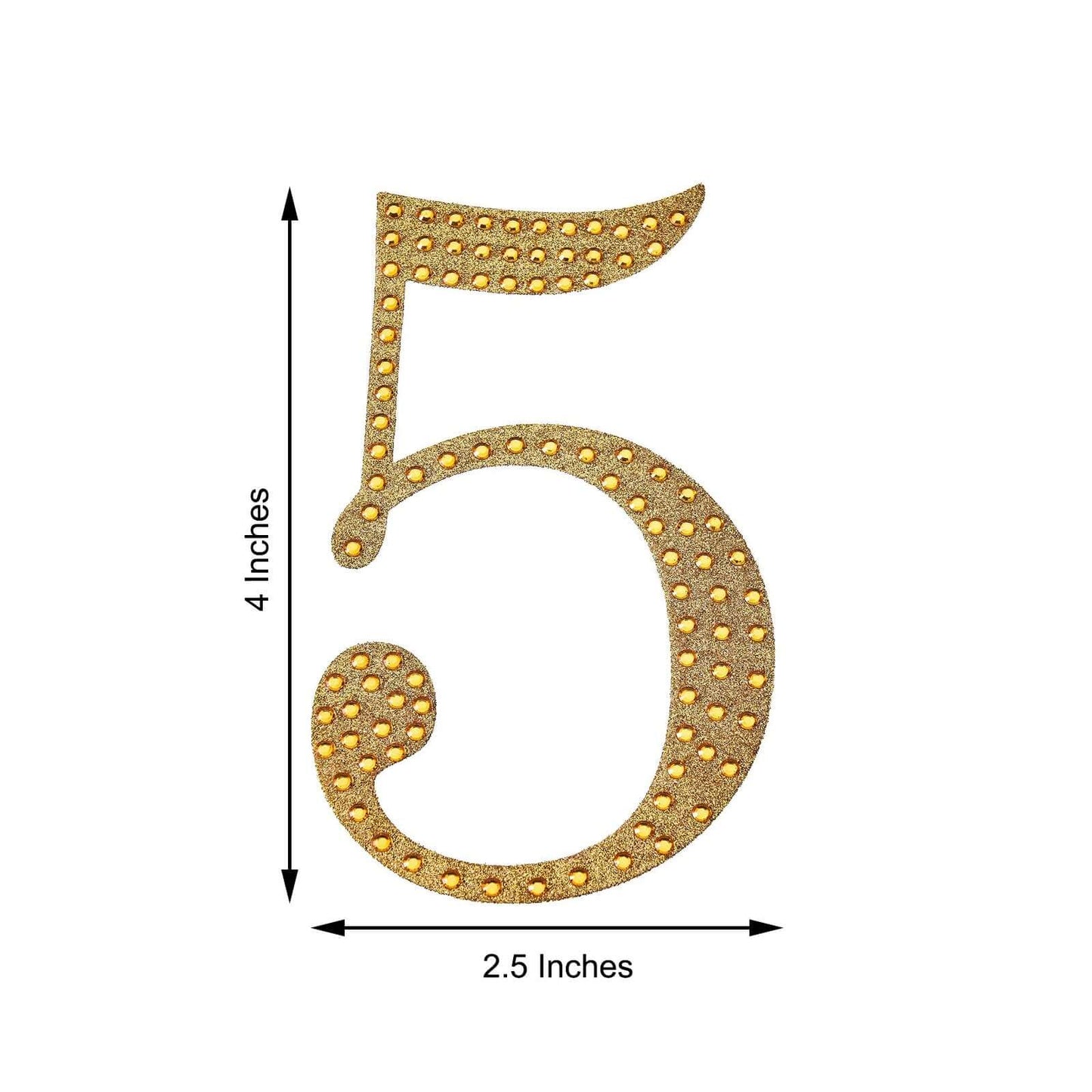 Decorative Rhinestone Number "5" Stickers, Glitter Adhesive Craft Numbers Gold DIY Sparkle Embellishments 4"