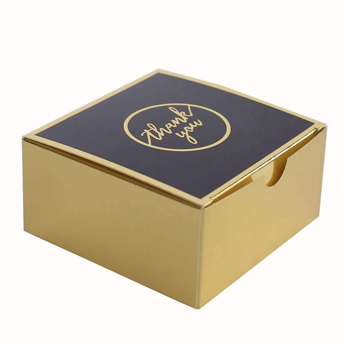 25 Pack Black Gold "Thank You" Print Paper Favor Boxes, Cardstock Party Shower Candy Gift Boxes - 4"x4"x2"