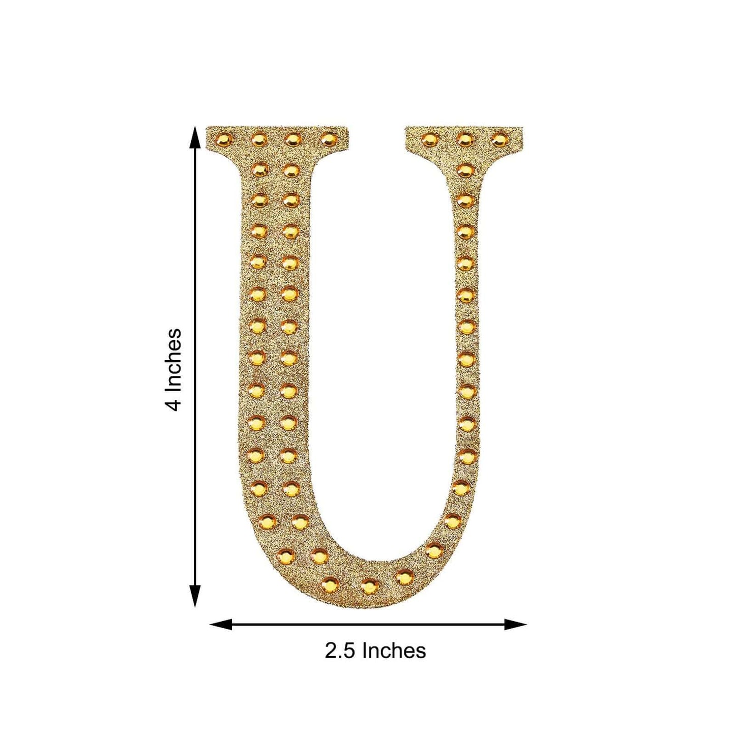Decorative Rhinestone Alphabet "U" Letter Stickers, Glitter Adhesive Craft Letters Gold DIY Sparkle Embellishments 4"