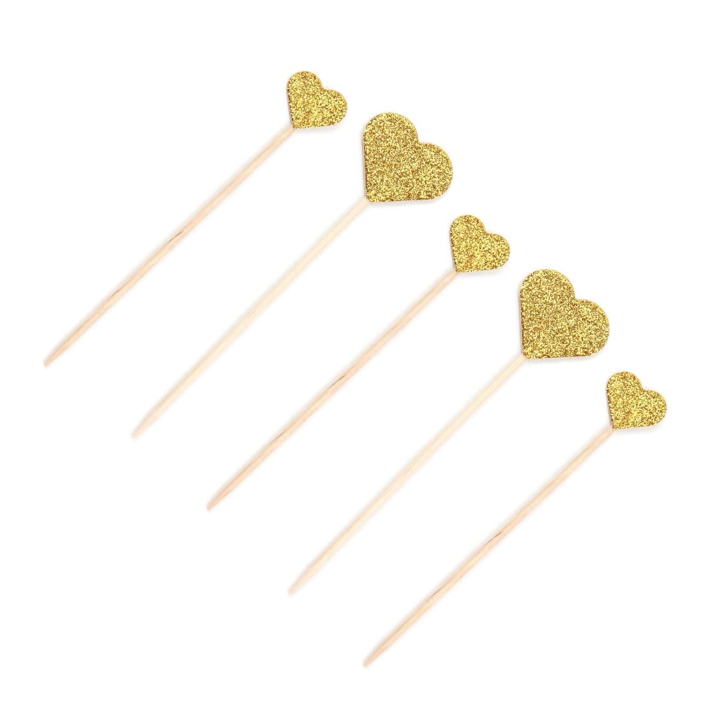 24-Pack Cupcake Topper Picks Heart Shaped Design Glitter Gold - Party Cake Toppers 4.5", 4"