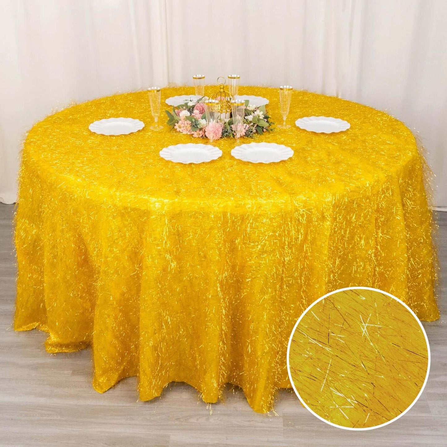 Polyester 120" Round Gold Tablecloth Metallic Fringe Shag Tinsel Design Table Cover for Weddings & Events