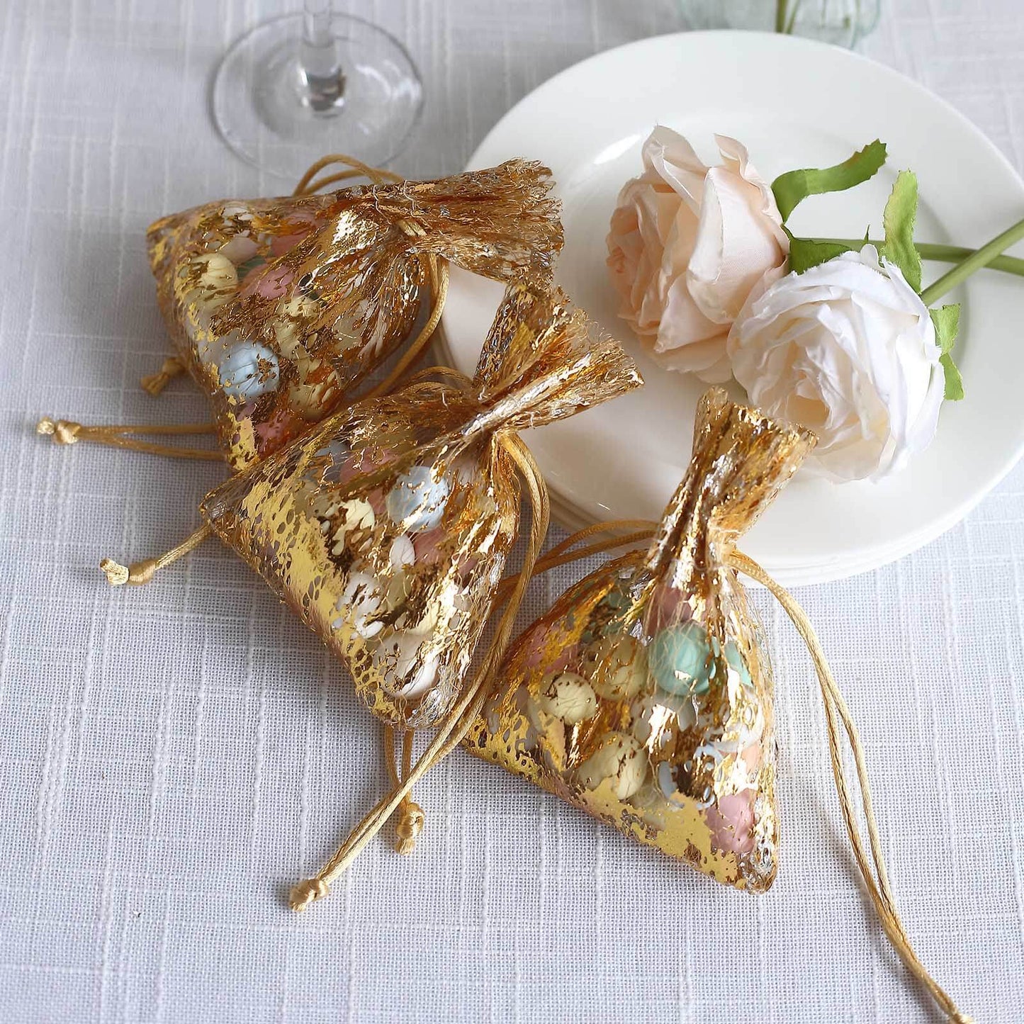 12 Pack Metallic Gold Foil Polyester Drawstring Candy Bags, Wedding Party Favor Bags - 4"x5"