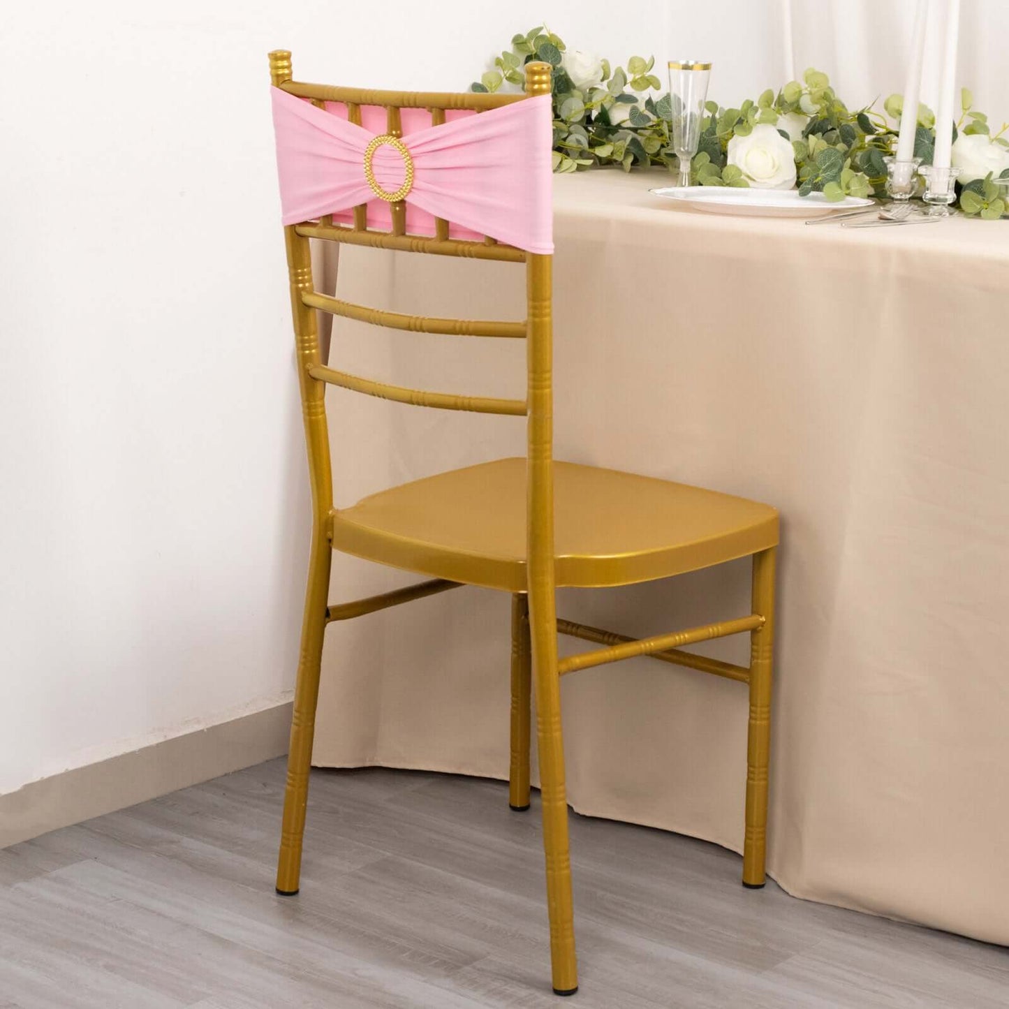 5 Pack Spandex Chair Sashes Pink with Gold Rhinestone Buckles - Reusable Four-Way Stretch Sash Bands 5"x14"