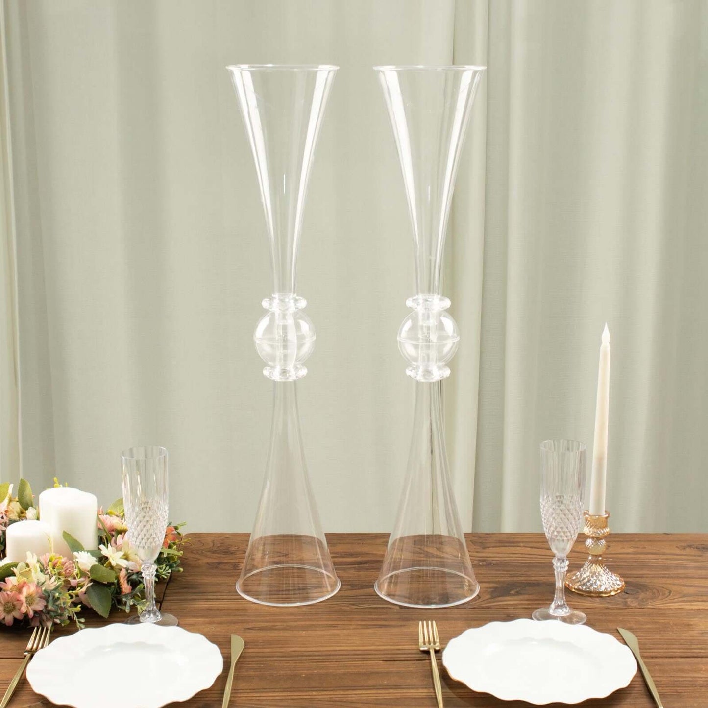 2-Pack Flower Vases Trumpet Design with Crystal Embellishments Clear - Reversible Plastic Centerpieces for Events 27"
