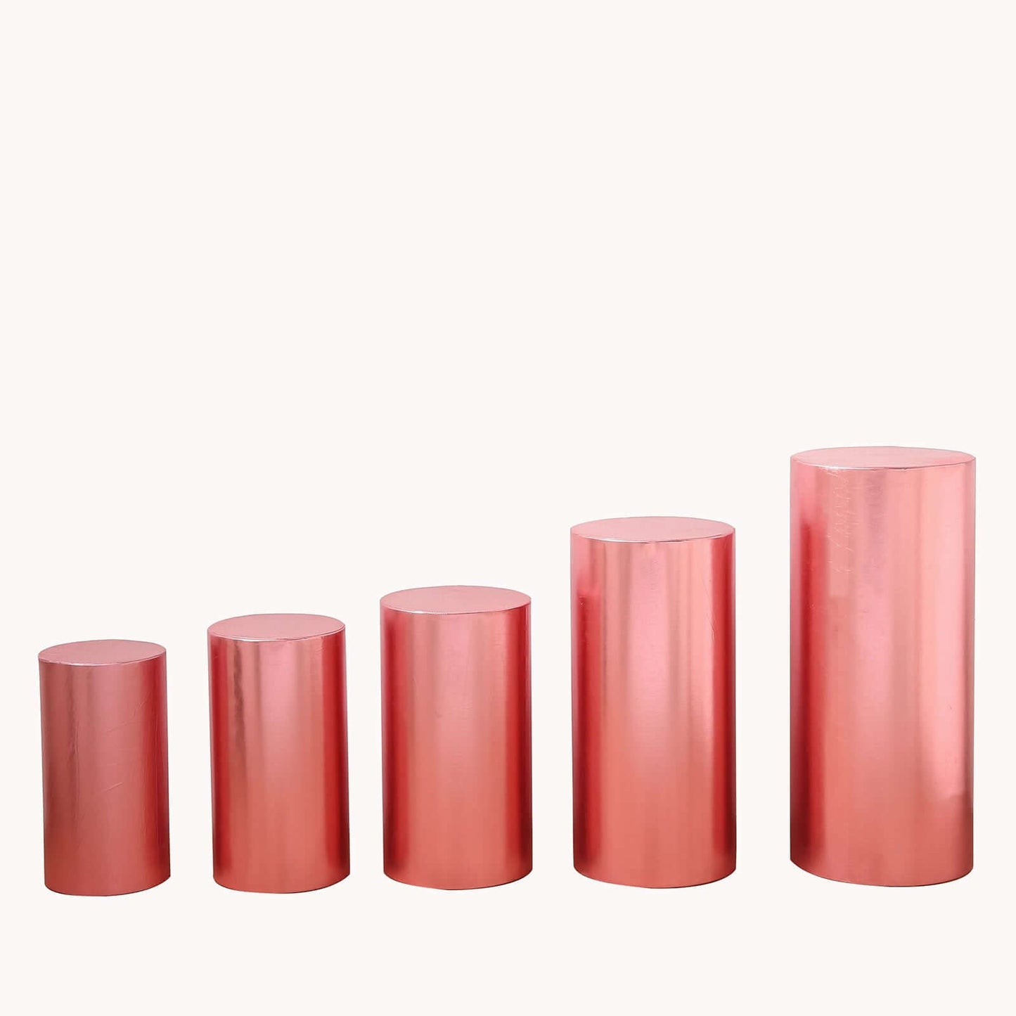 Set of 5 Metallic Rose Gold Spandex Cylinder Pedestal Stand Covers, Shiny Stretchable Pillar Prop Covers - 130 GSM