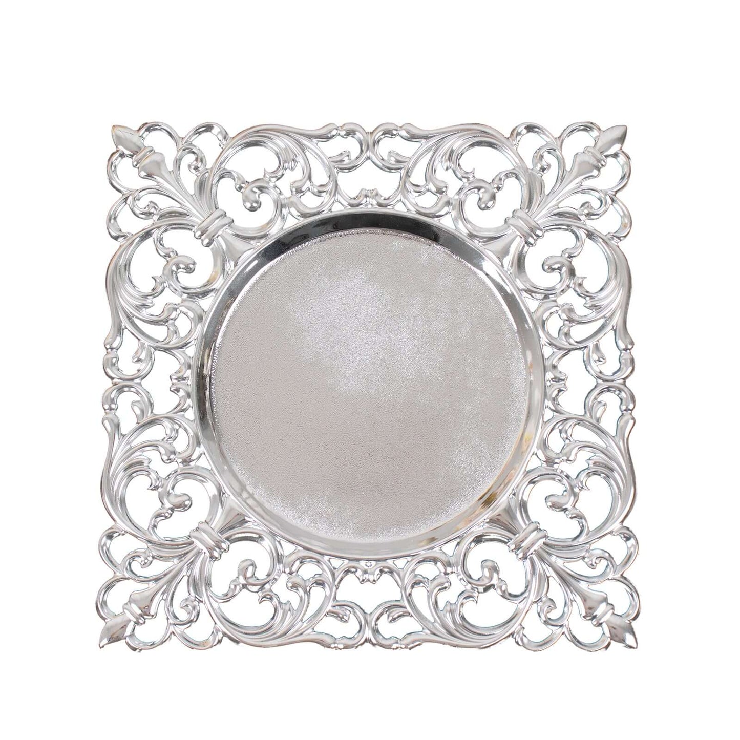6-Pack Acrylic Square Charger Plates 12" in Silver with Hollow Lace Border, Event Tabletop Decorative Charger Tableware