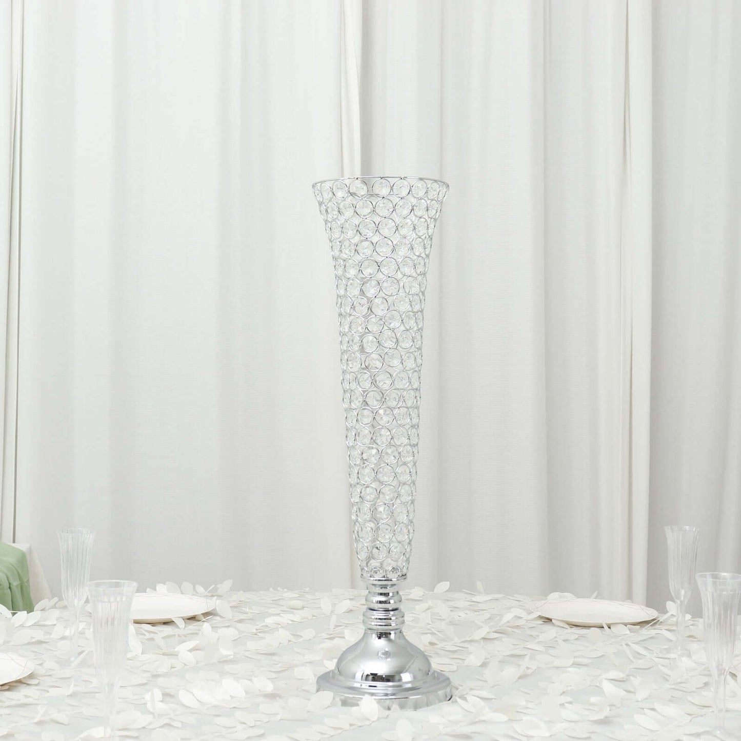 2-Pack Crystal Beaded Trumpet Vase Silver - Exquisite Floral Display Centerpiece Stand Set for Banquets & Receptions 28" Tall