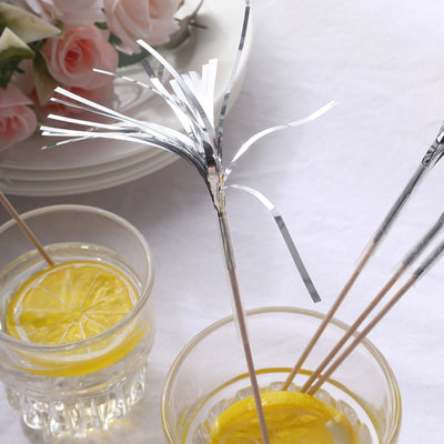 100-Pack Bamboo Cocktail Sticks Firework Cupcake Toppers Silver - Festive Foil Frills Food Picks 9"