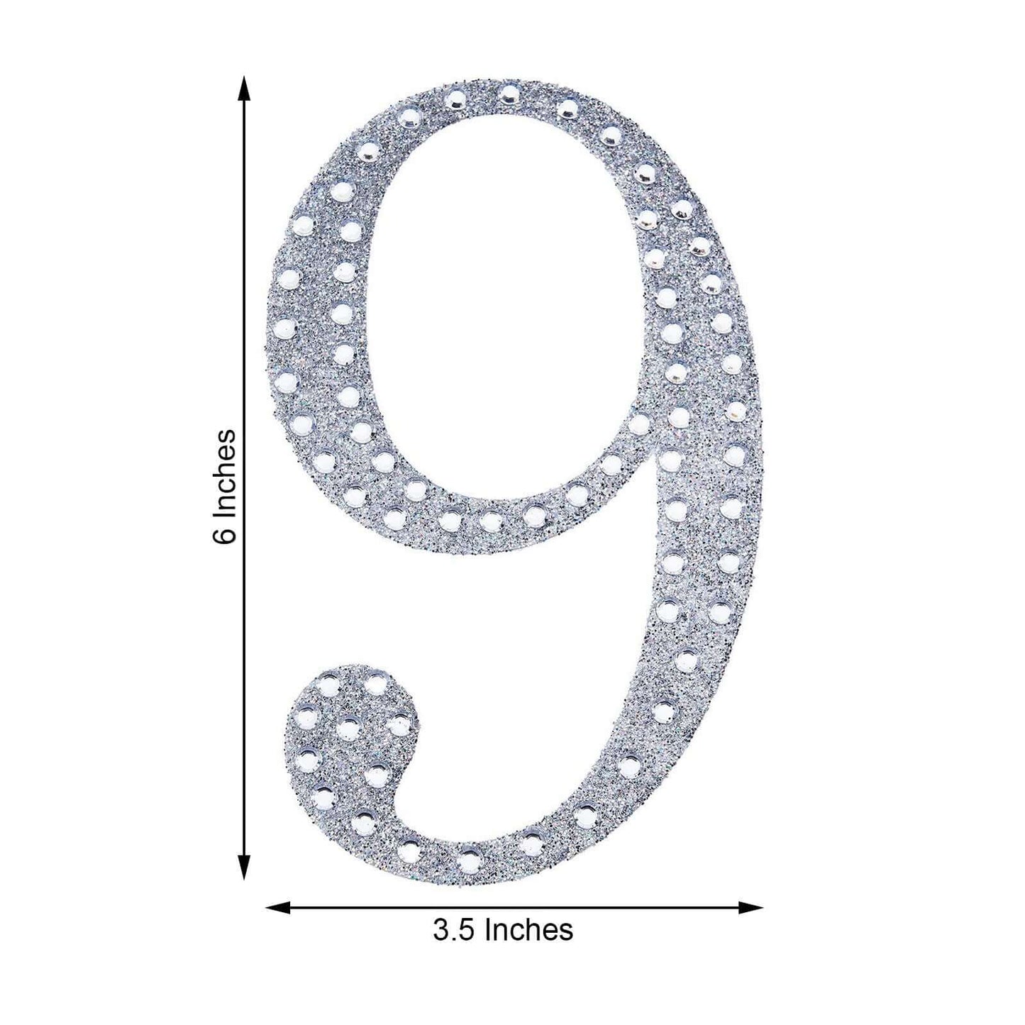 Decorative Rhinestone Number "9" Stickers, Glitter Adhesive Craft Numbers Silver DIY Sparkle Embellishments 6"