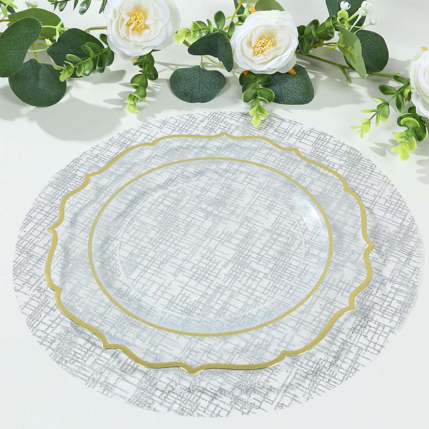10-Pack Table Placemats Glitter Design Metallic Silver Round - Mesh Polyester Disposable Mats 13"