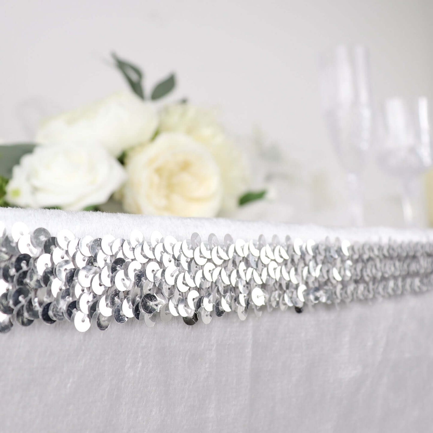 1"x10 Yards Metallic Silver Sequin Stretch Fabric Ribbon, Elastic Lace Trim, Shiny Glitter Craft Fabric