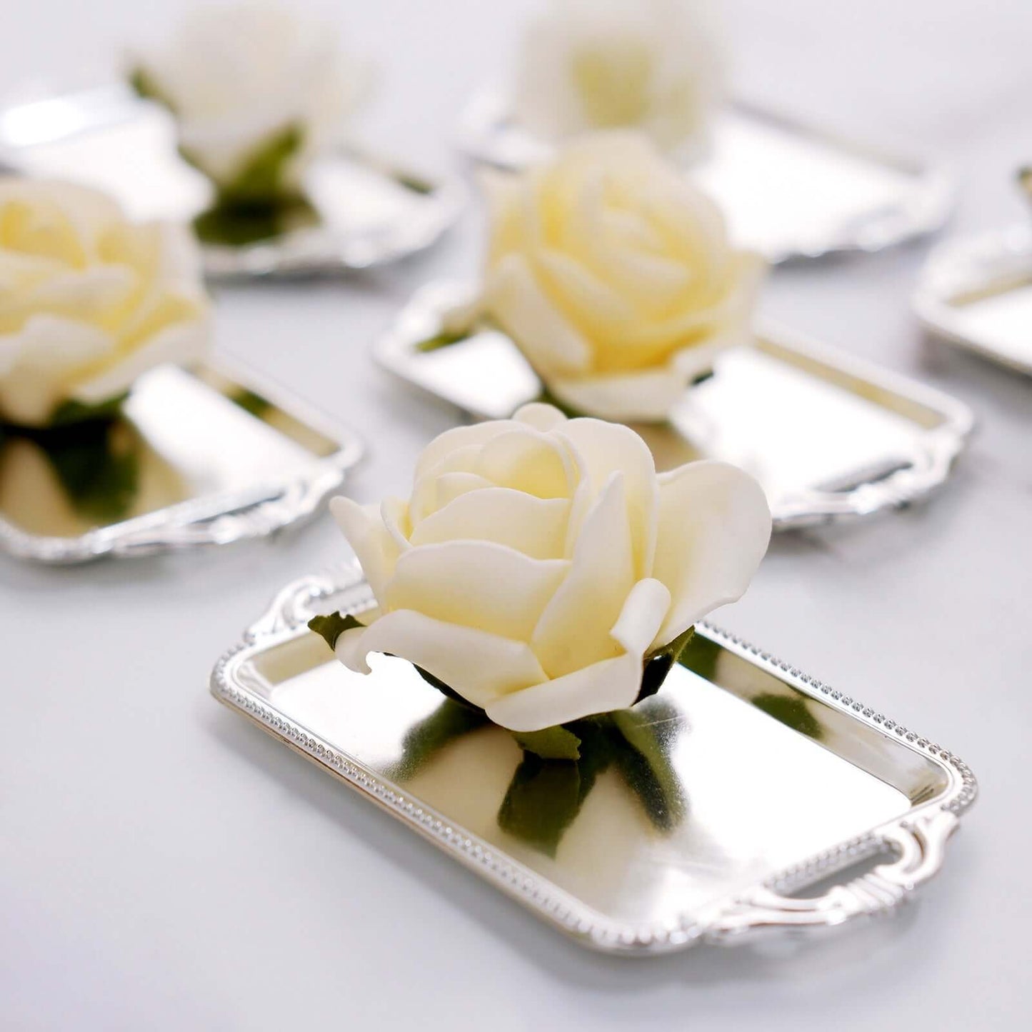 12-Pack Display Trays Party Favor Rectangular Design Silver - Mini Serving Platters for Candy and Desserts 4"