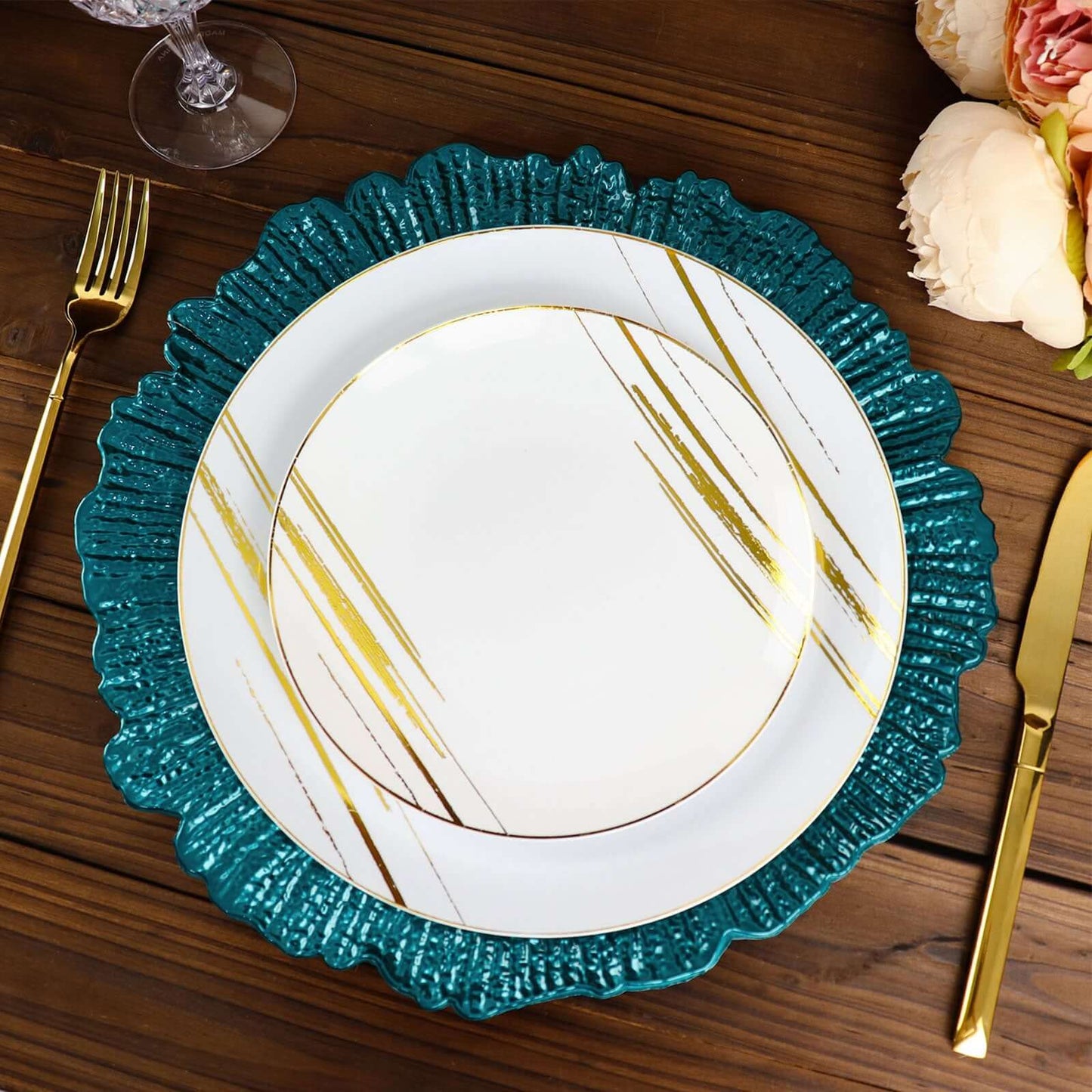 6-Pack Acrylic Plastic Round Charger Plates 13" in Peacock Teal with Reef Design, Dinner Charger Tableware