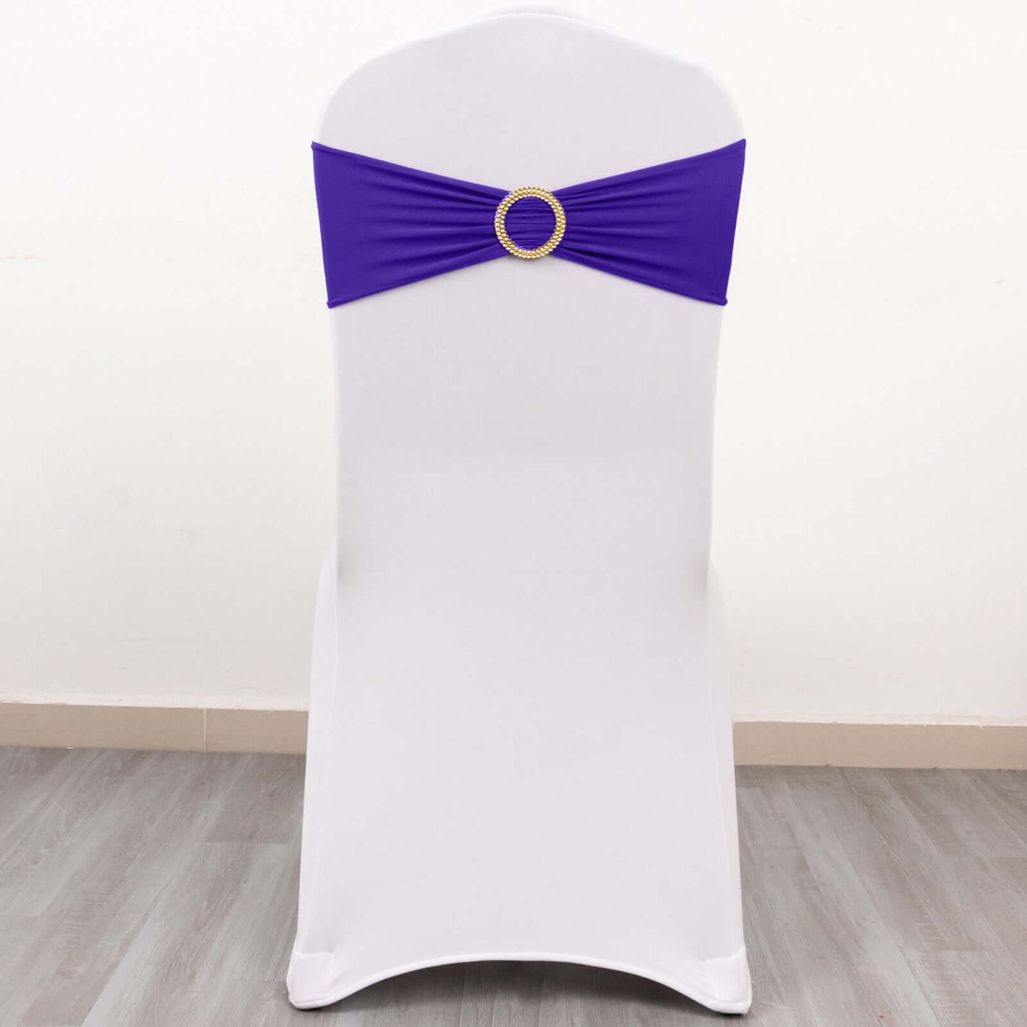 5 Pack Spandex Chair Sashes Purple with Gold Rhinestone Buckles - Reusable Four-Way Stretch Sash Bands 5"x14"