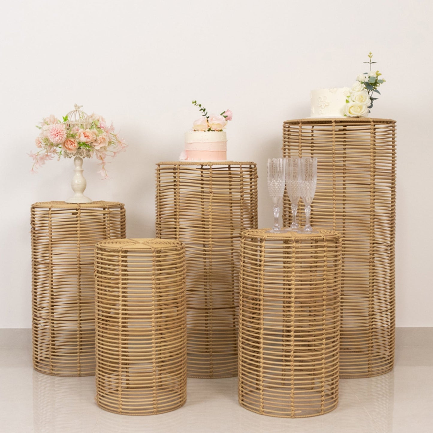 Set of 5 Natural Woven Rattan Wicker Pedestal Stands, Boho Chic Side Table Cylinder Cake Dessert Plant Display Stands - 20",21",24",29",36"
