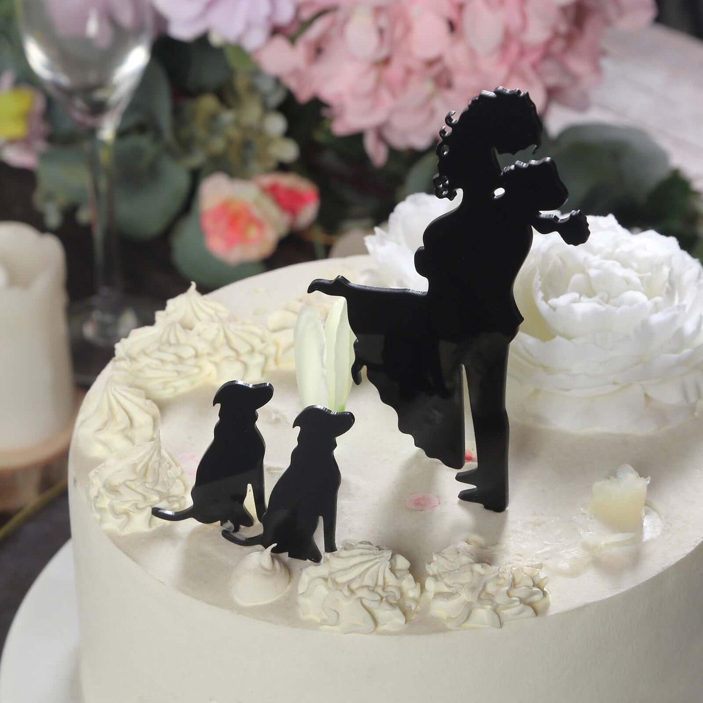 Acrylic Cake Toppers Black Silhouette Design of Bride, Groom, and Pet Dogs - Wedding Cake Decoration Set 7"
