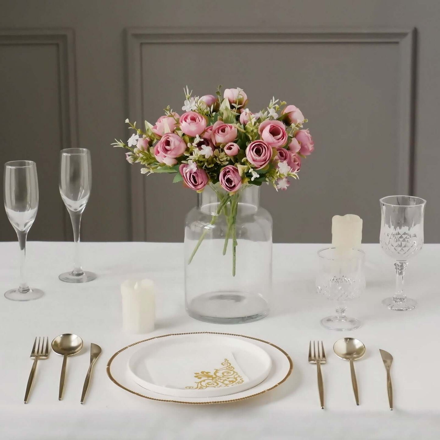 4 Pack 12" Artificial Dusty Rose Ranunculus Silk Flower Bridal Bouquets, Faux Buttercup Floral Arrangement