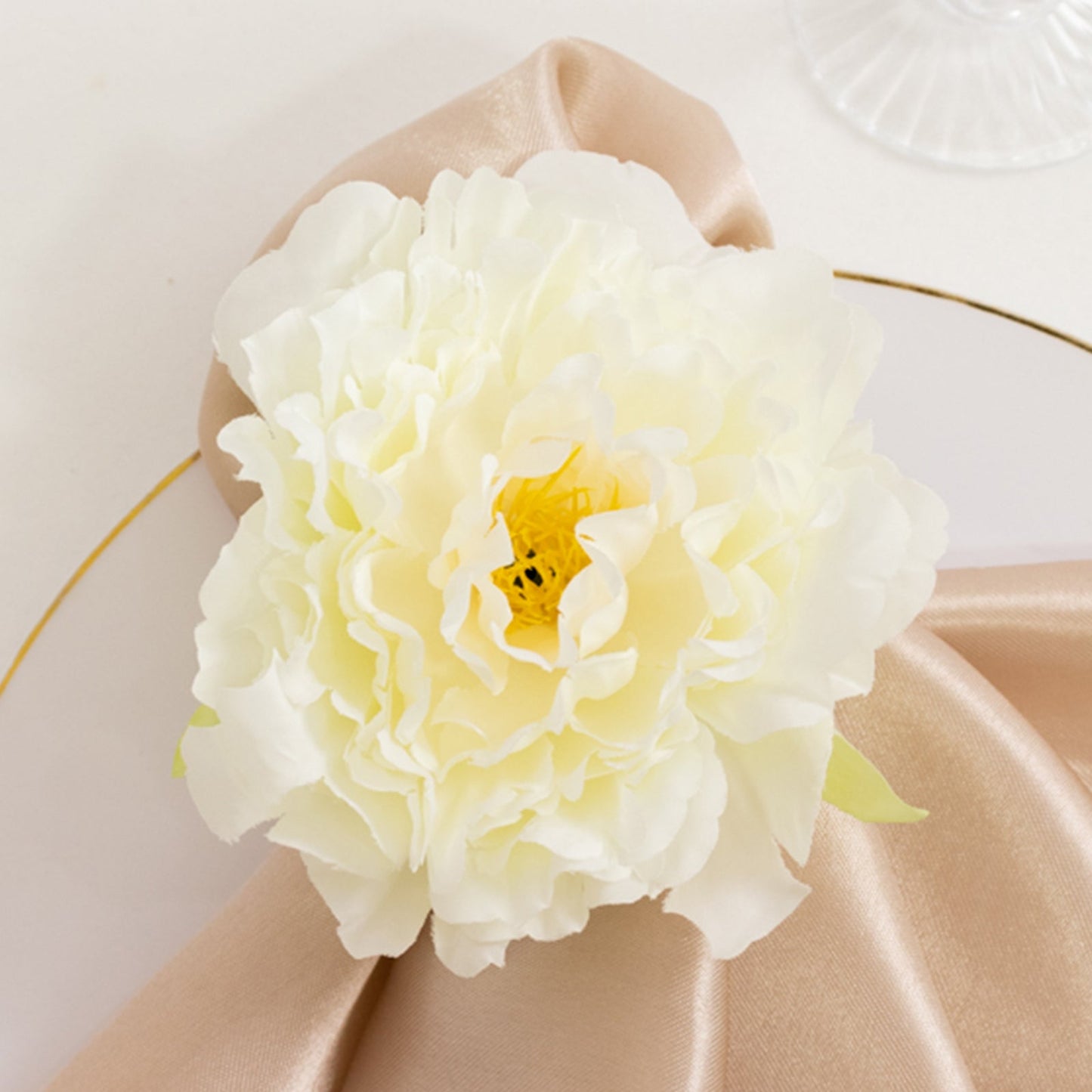 4-Pack Napkin Holders with Silk Peony Flower â€“ Ivory Floral Napkin Rings for Dining Table Settings