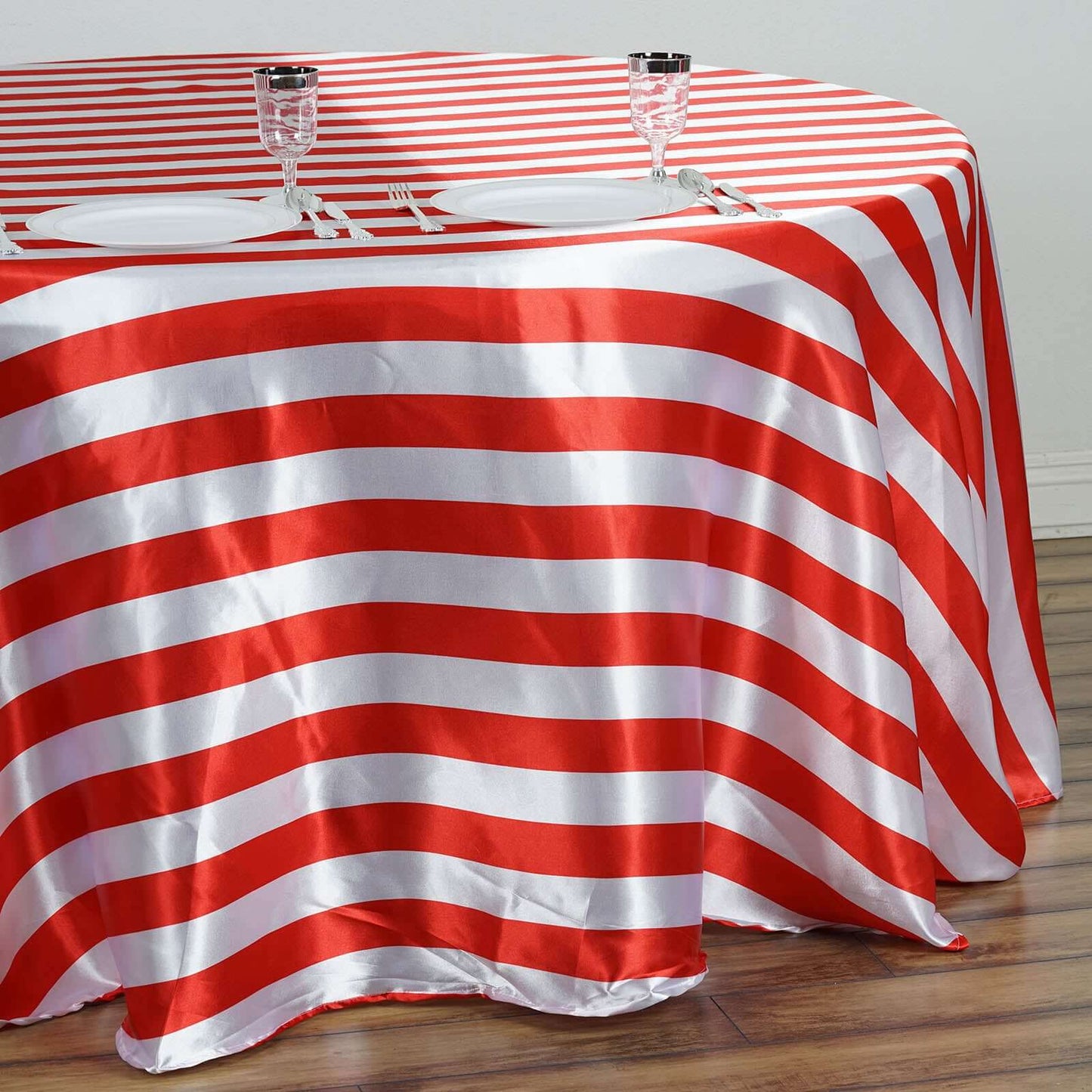 Satin 120" Round Tablecloth Red/White - Stripe Design with Seamless Silky Smooth Finish Table Cover
