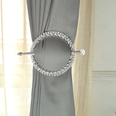 Set of 2 6" Silver Acrylic Braided Barrette Style Curtain Tie Backs With Crystal Diamond Studded Edge, Round Backdrop Drapery Brooch Holdbacks