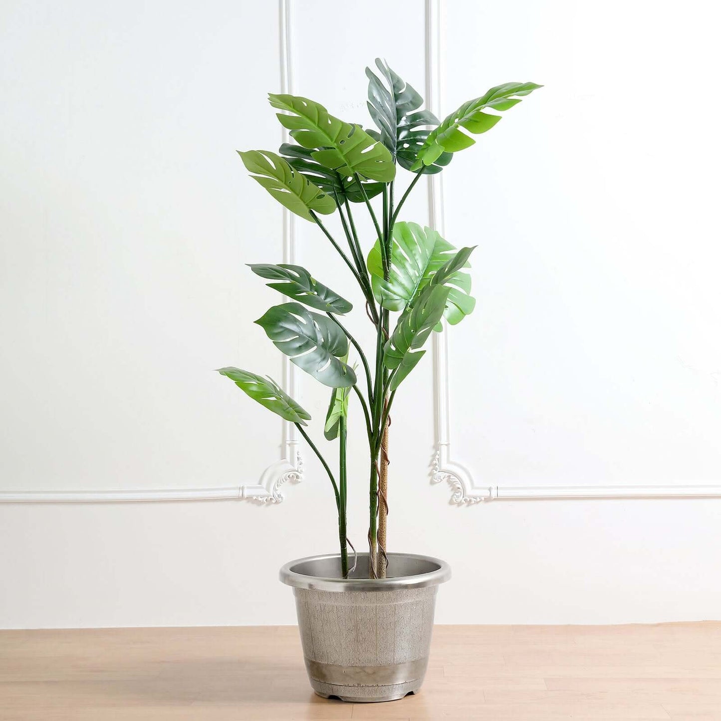 14" Silver Chrome Finished Rim Large Barrel Planter Pot, Indoor Outdoor Decorative Flower Pot