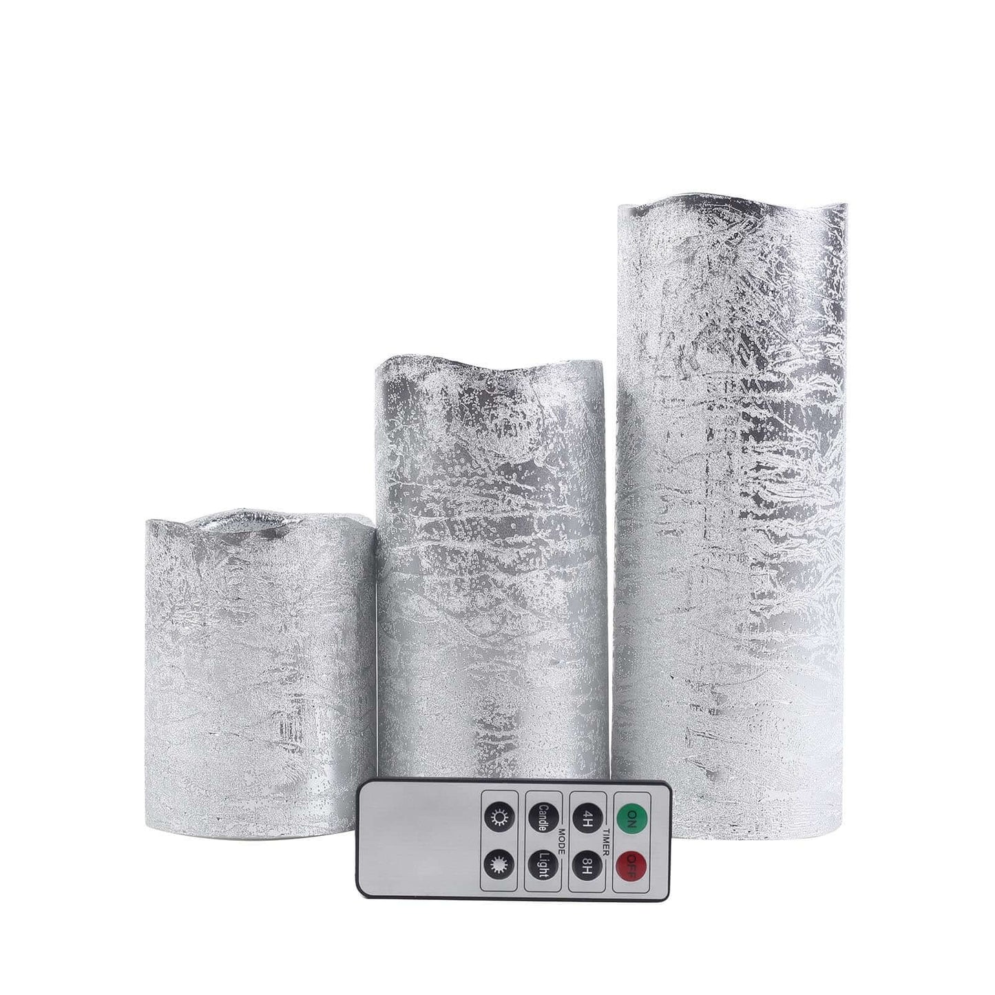 Set of 3 LED Flameless Pillar Candles Remote Operated Metallic Silver - Battery Powered 4", 6", 8"