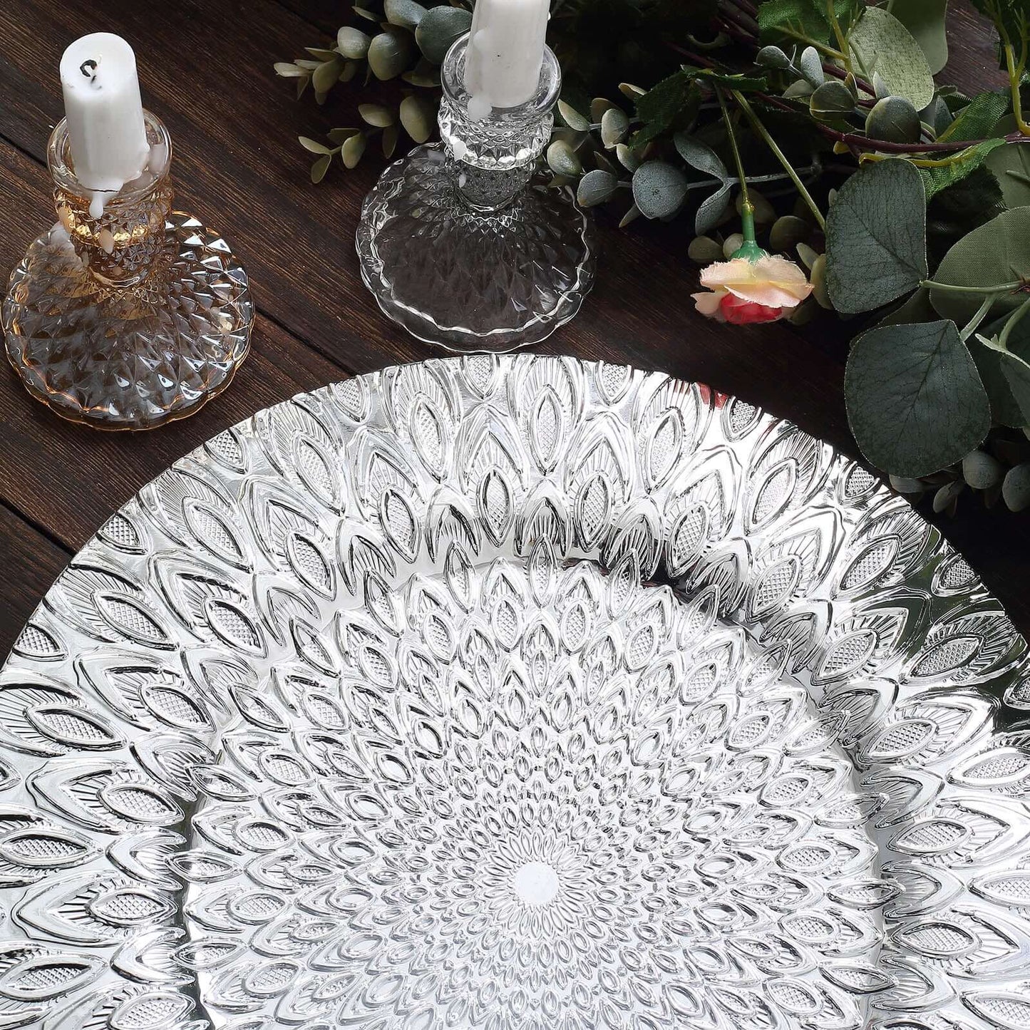 6-Pack Plastic Round Charger Plates 13" in Silver with Embossed Peacock Pattern, Stylish Disposable Charger Tableware