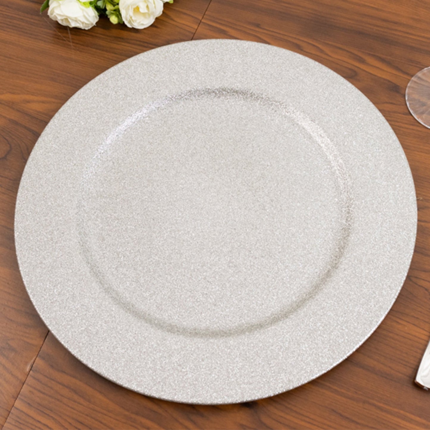 6-Pack Acrylic Plastic Round Charger Plates 13" in Silver with Dust Free Glitter Finish, Decorative Dinner Party Charger Tableware