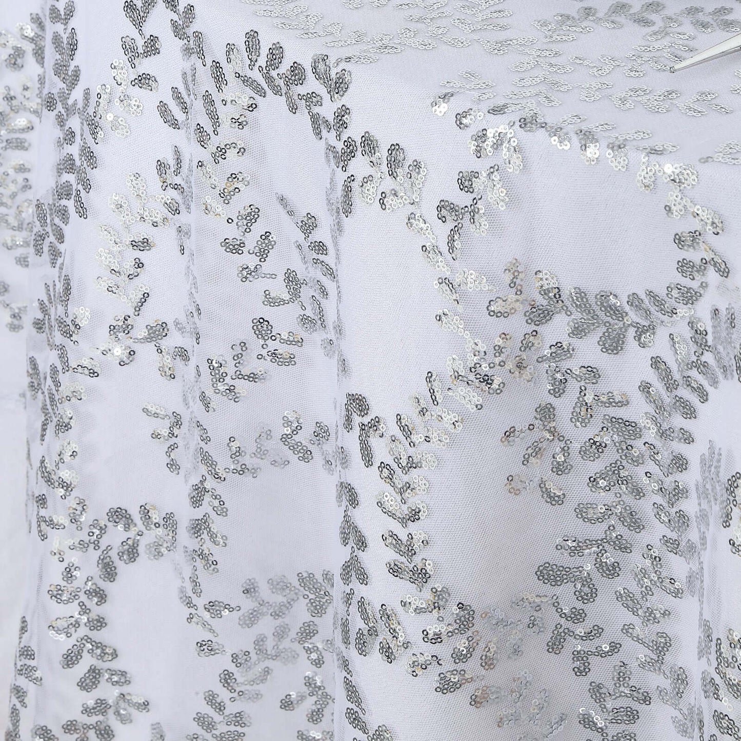 Tulle 72"x72" Table Overlay Square Tablecloth Silver - Sequin Leaf Embroidered Table Topper