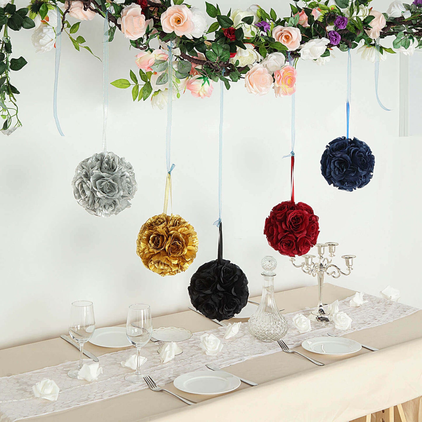 2 Pack 7" Silver Artificial Silk Rose Kissing Ball, Faux Flower Ball