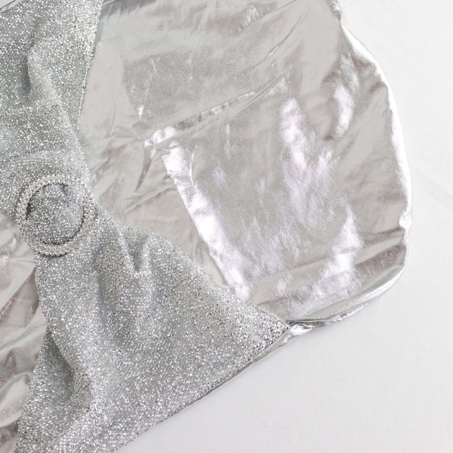 Spandex Banquet Chair Cover Metallic Silver Tinsel with Sash and Rhinestone Buckle - Shimmering Fitted Slipcover