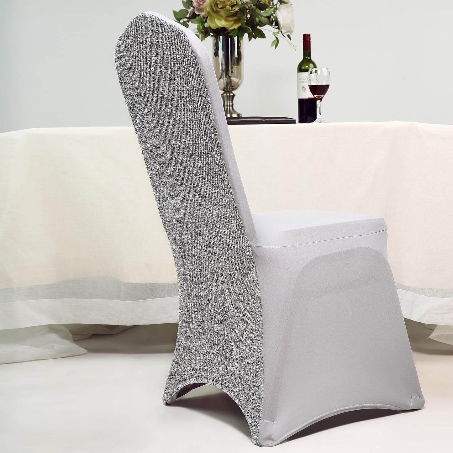 Spandex Chair Cover with Metallic Shimmer Tinsel Back for Banquet Chairs Silver - Fitted Slipcover
