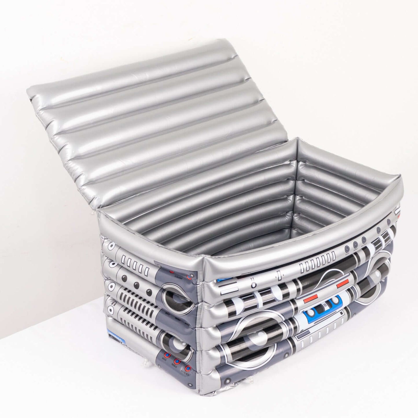 Silver Inflatable Ice Beverage Cooler with 80's Boom Box Design - Party Drink Container for Pool Events 24"x12"