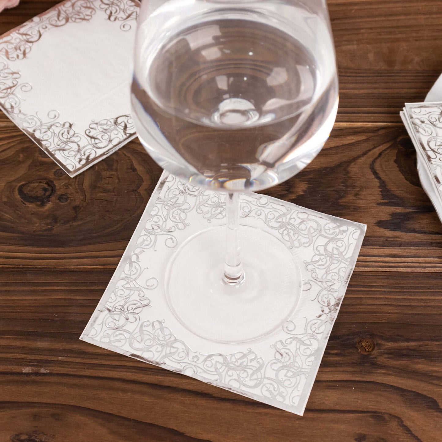 20-Pack Paper Beverage Napkins with Silver Foil Lace Design White - 3 Ply Disposable 18GSM European Style Cocktail Napkins 5"x5"