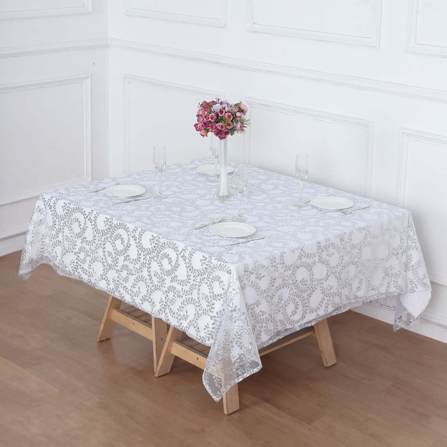 Tulle 72"x72" Table Overlay Square Tablecloth Silver - Sequin Leaf Embroidered Table Topper