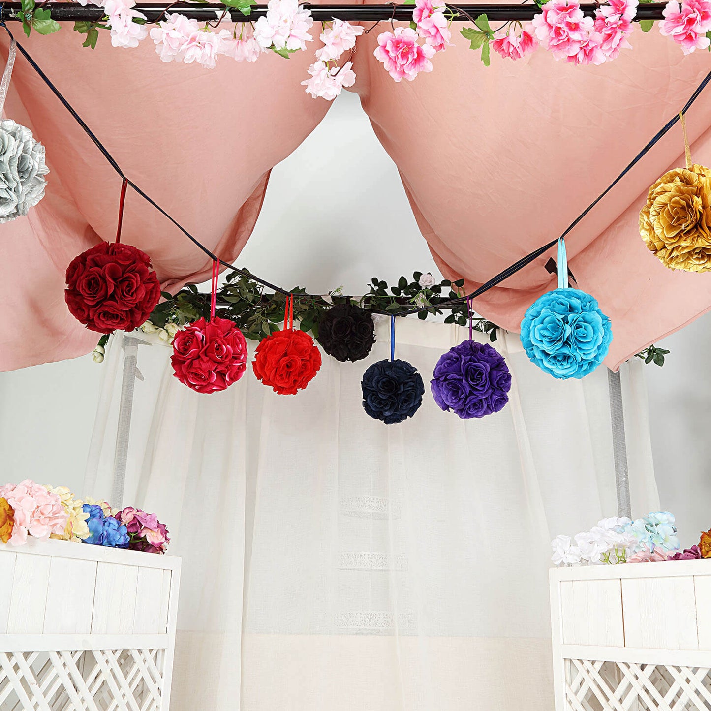 2 Pack 7" Silver Artificial Silk Rose Kissing Ball, Faux Flower Ball