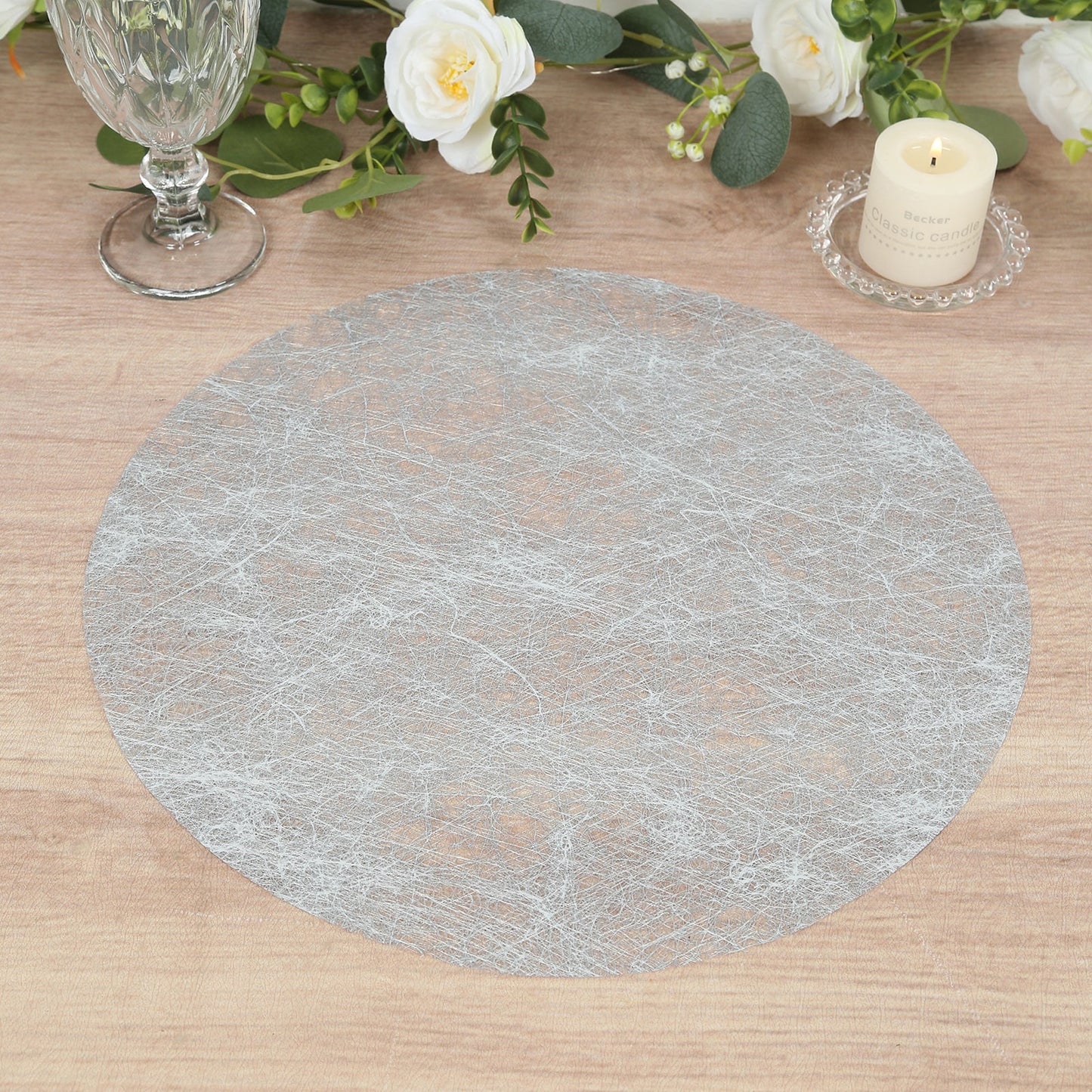 50 Pack Disposable Metallic Silver Placemats, 13" Non-Woven Mesh Fiber Round Table Mats for Dining & Events