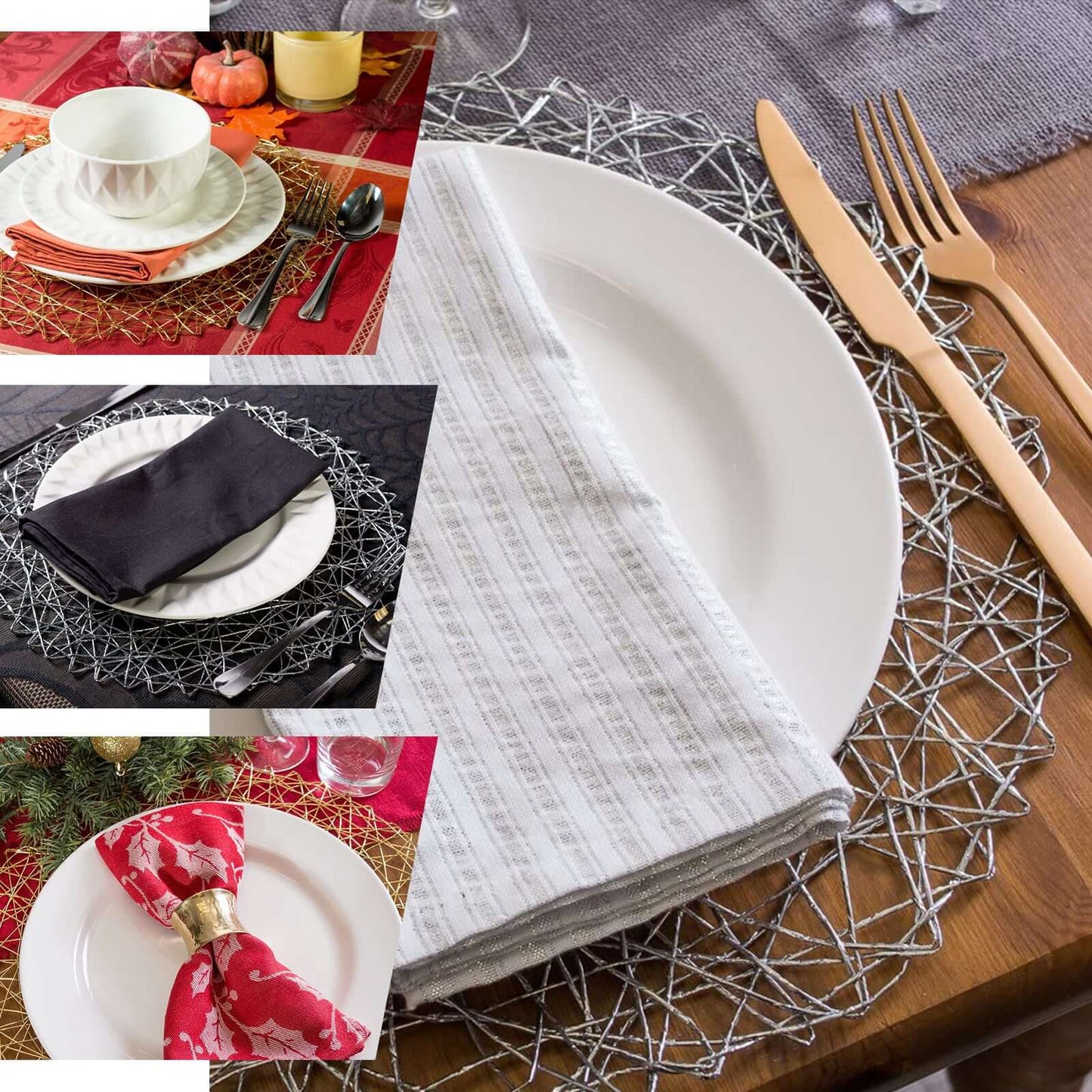 6-Pack Table Placemats Woven Fiber Design Silver Round - Disposable Mats for Dining and Events 15"