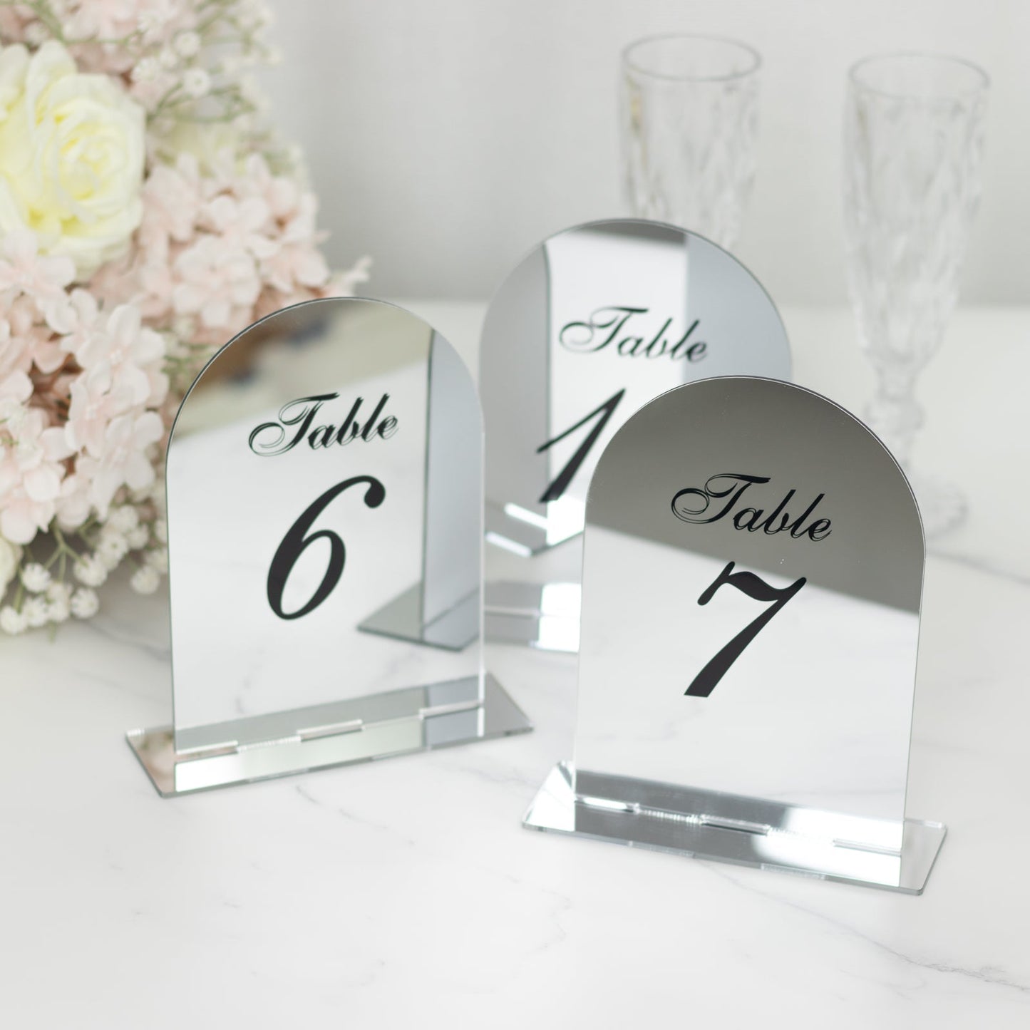 Silver Mirror Arch Acrylic Table Numbers (1-10) - 6"x7" Wedding Reception Signs with Black Print & Stands