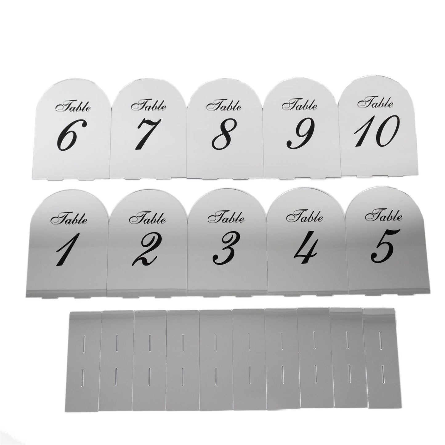 Silver Mirror Arch Acrylic Table Numbers (1-10) - 6"x7" Wedding Reception Signs with Black Print & Stands