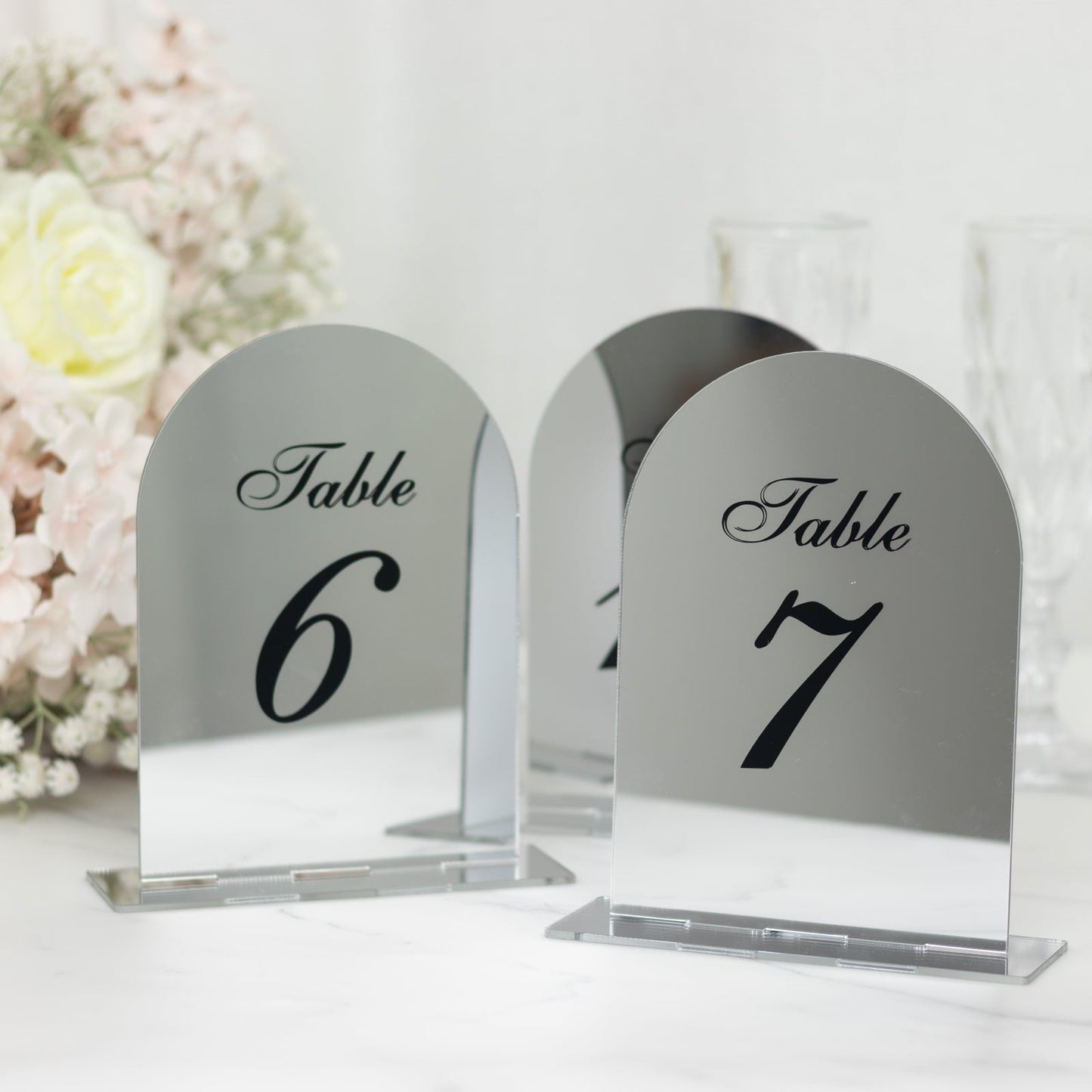 Silver Mirror Arch Acrylic Table Numbers (1-10) - 6"x7" Wedding Reception Signs with Black Print & Stands