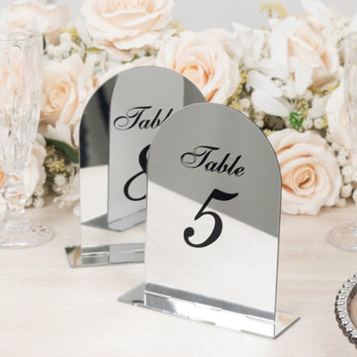 Silver Mirror Arch Acrylic Table Numbers (1-10) - 6’’x7’’ Wedding Reception Signs with Black Print & Stands