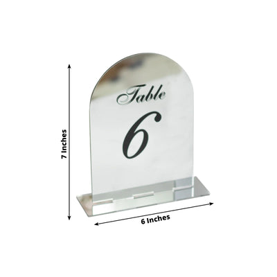 Silver Mirror Arch Acrylic Table Numbers (1-10) - 6’’x7’’ Wedding Reception Signs with Black Print & Stands