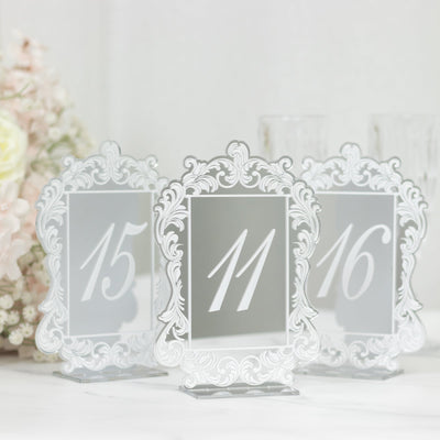 Silver Mirror Arch Acrylic Table Numbers (11-20) - 5’’x7’’ Wedding Reception Signs with Baroque Lace Border White Print